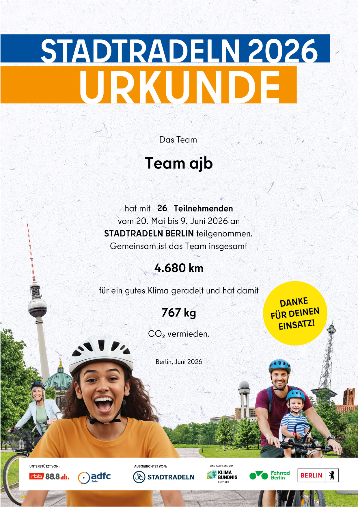 Teamurkunde ajb beim Berliner Stadtradeln